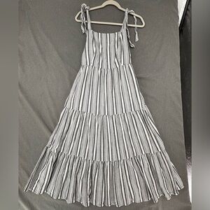 Old Navy Women’s fit & flare midi dress white blue stripe Boho Tie Linen Blend S